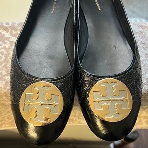 Tory Burch Quilted Black Flats with Gold and Silver Logo LIKE NEW